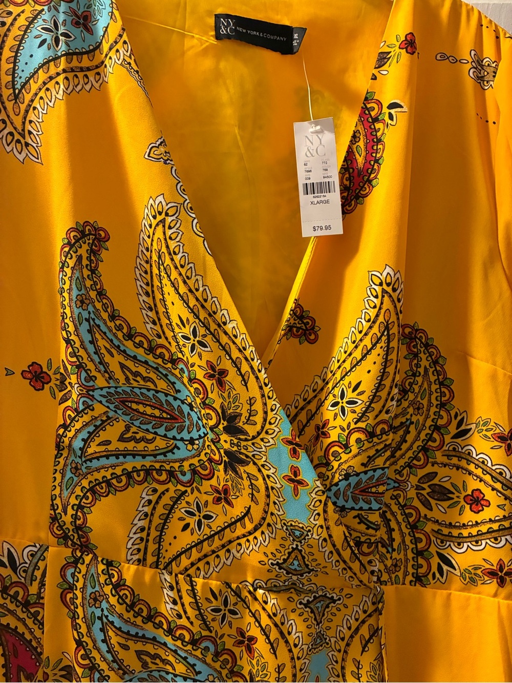 NWT New York & Company Bright Yellow Paisley Trim Wrap Dress flowy sleeves